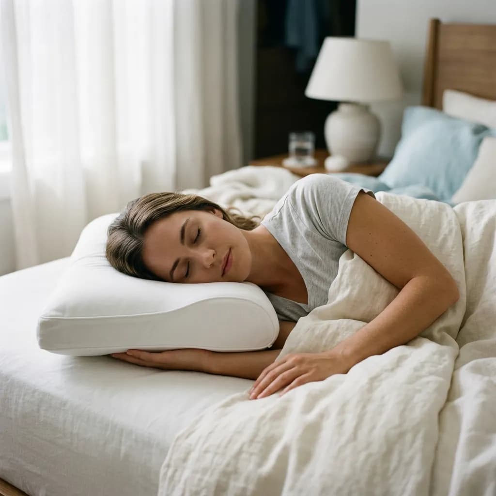 Person schläft auf der Seite auf einer Matratze mit ergonomischem weißem Kissen im hellen Schlafzimmer. 3