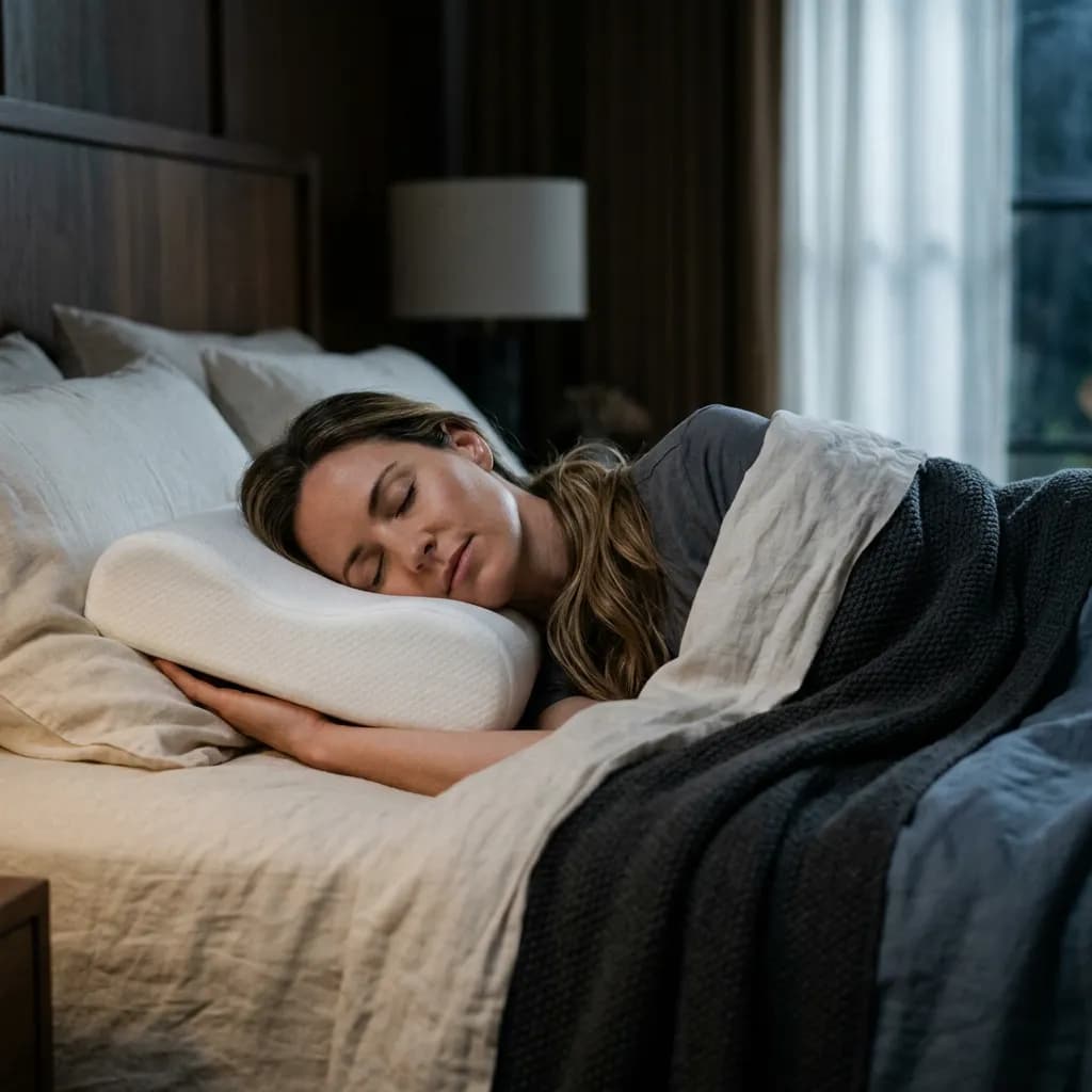 Person liegt auf der Seite, der Kopf ruht auf einem ergonomischen weißen Kissen. 2